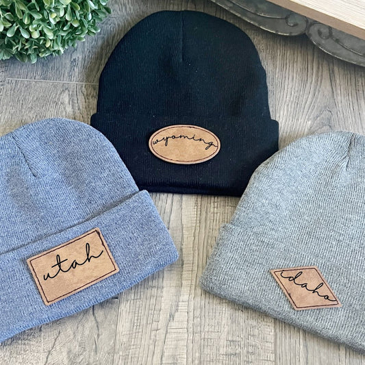 State-Themed Beanies with Leather Patches – Stylish and Warm Hats for Utah, Wyoming, Idaho, and Beyond