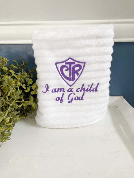 Custom Embroidery "I Am A Child of God" Ribbed Baptism Towel