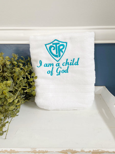 Custom Embroidery "I Am A Child of God" Baptism Towel