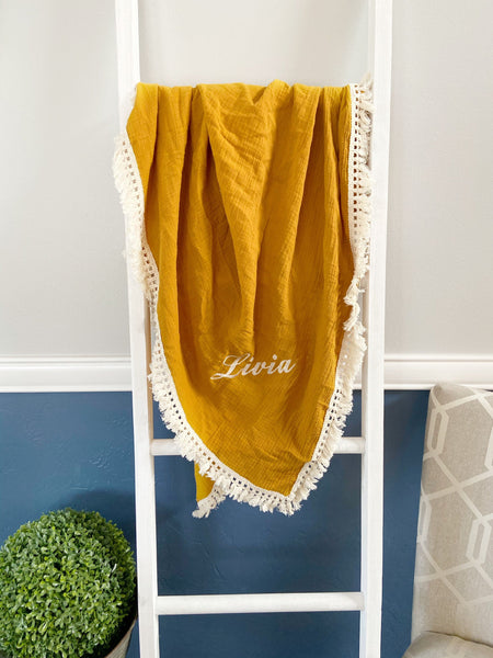 Custom Mustard Muslin Blanket with Embroidery