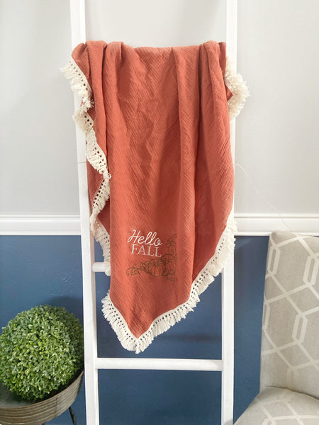 Custom Orange Muslin Blanket with Embroidery