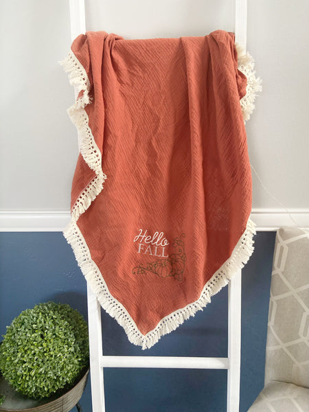 Custom Orange Muslin Blanket with Embroidery