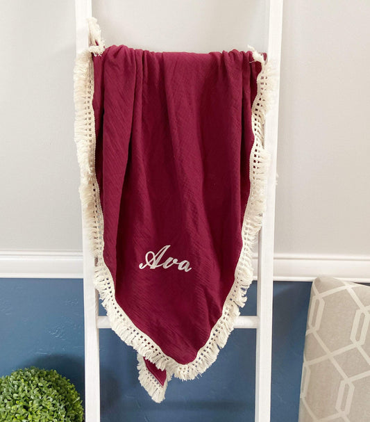 Custom Burgundy Muslin Blanket with Embroidery