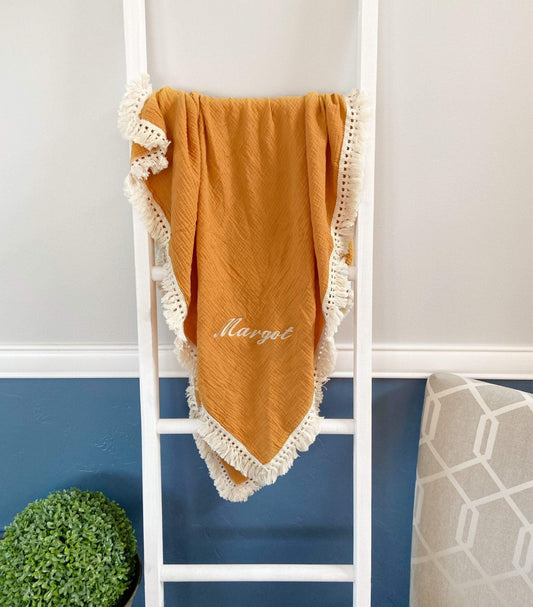 Custom Mustard Muslin Blanket with Embroidery