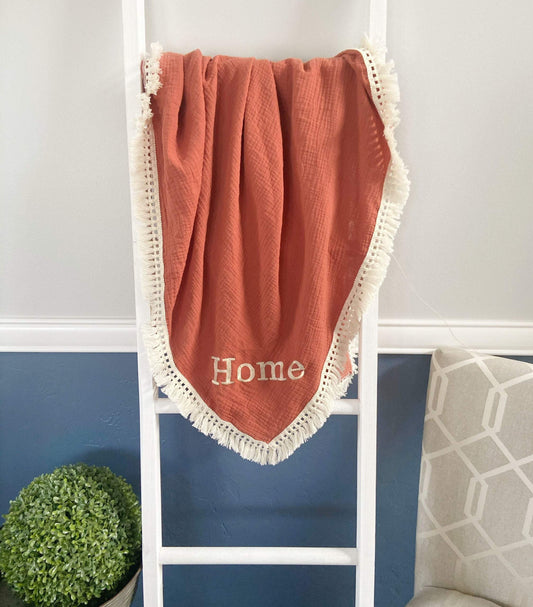 Custom Orange Muslin Blanket with Embroidery